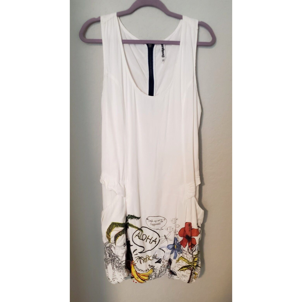 Desigual White Sleeveless Mini Dress with Colorful Tropical Hem